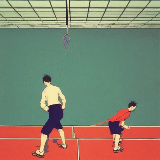 Image similar to a colorful illustration of men playing badminton, by kawase hasui, Edward Hopper and James Gilleard, Zdzislaw Beksinski, Steven Outram colorful flat surreal design, hd, 8k, artstation