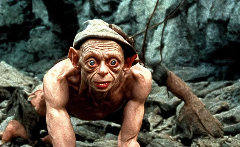 Image similar to a still of gollum as indiana jones in in indiana jones and the last crusade ( 1 9 8 9 ),