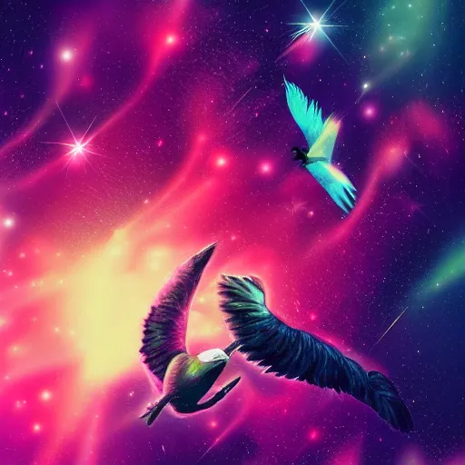 Image similar to skunk, feathers, bird, avian, wings, synthwave, universe background, nebula, galaxy, artstation