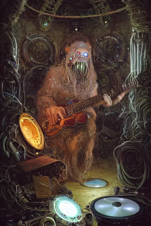 Image similar to portrait of a druid playing an electronic!!-musical-instruments, intricate, stunning, highly detailed, digital painting, artstation, concept art, smooth, sharp, focus, illustration, art by greg rutkowski and michael whelan, inside an a space station recording studio filled with strange surrealist detailed alien electronic and acoustic musical-instruments!! with blinking LEDs and oscilloscopes on screens in detailed alien interiors, backlit fog, designed by Larry Elmore Kerlaft and Pixar, photorealistic, 3d render, award winning render, unreal engine, octane render, studio lighting, 8k, hd