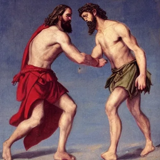 Prompt: jesus and a roman soldier fighting mma style