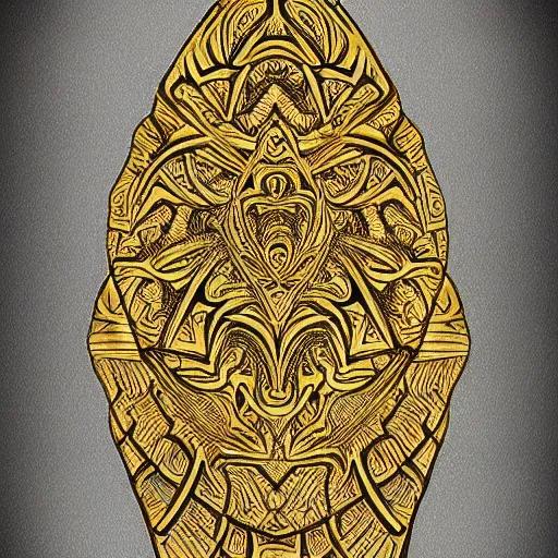 Image similar to tribal tatoo, sculpture, gold material, intrincate, detailed, fractal