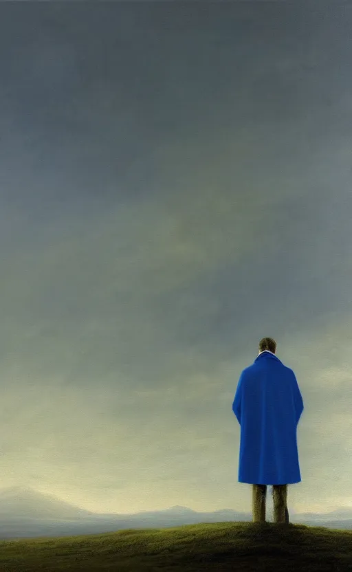 Image similar to oil painting of a blue caped man, lonely, depression, foggy background, standing in midground, blue sky, by capsar david friedrich