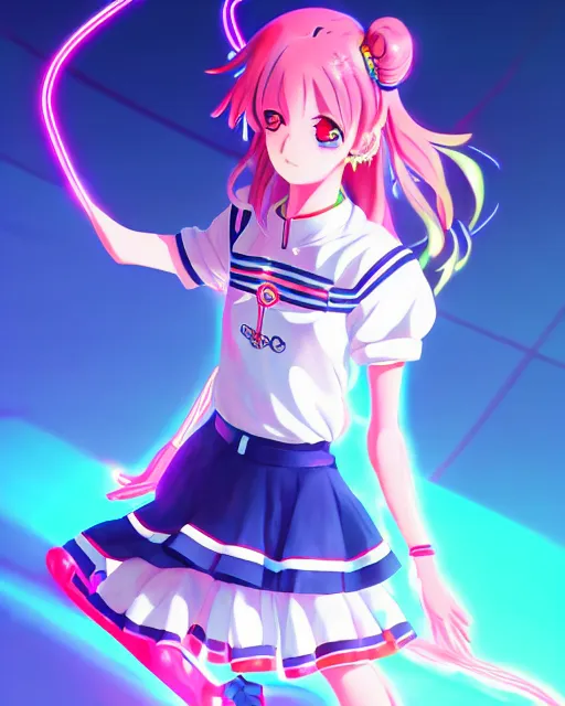 Image similar to anime style, vivid, expressive, full body, 4 k, painting, a cute magical girl with a long wavy hair wearing a sailor outfit, correct proportions, stunning, realistic light and shadow effects, neon lights, studio ghibly makoto shinkai yuji yamaguchi