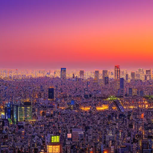 Prompt: The skyline of Tokyo at sunset, photograph, high-resolution, hot on 500px