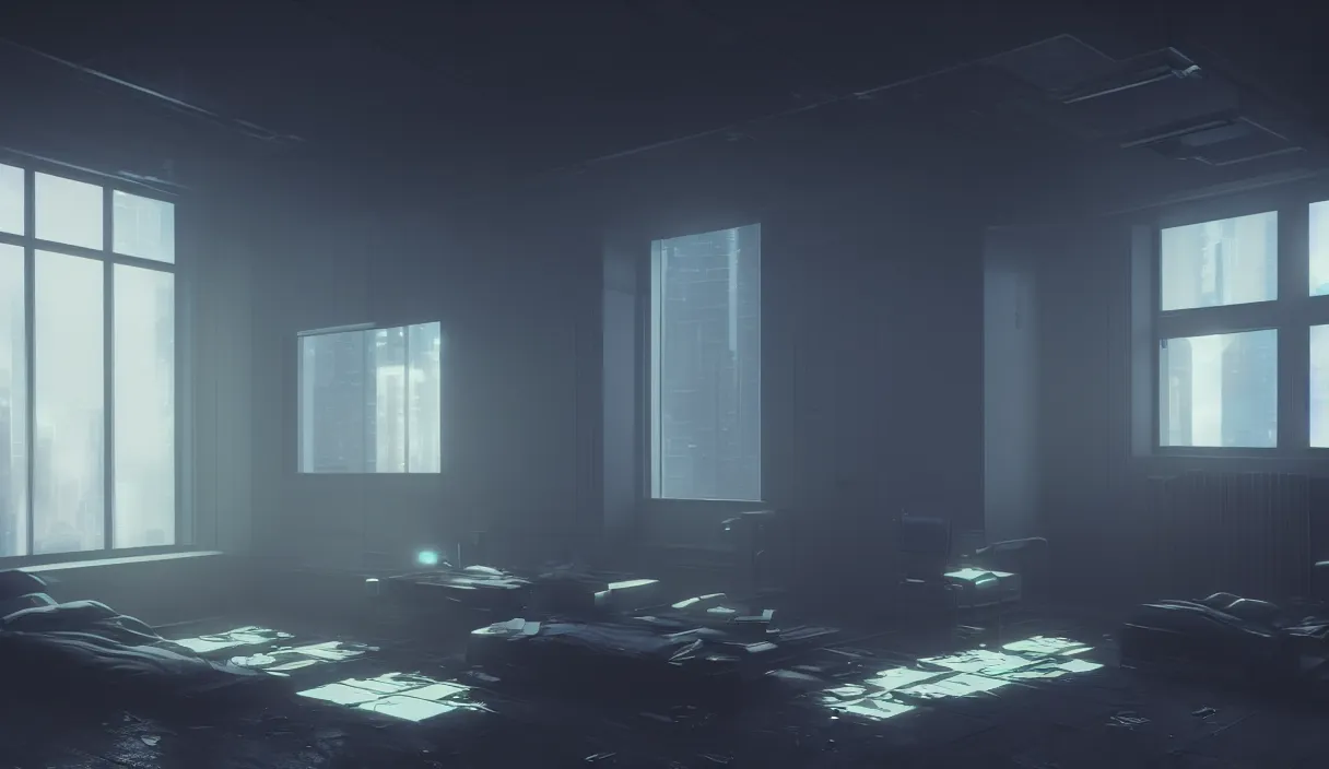 Prompt: a cyberpunk minimalistic room with small windows, dramatic lighting, hyper realistic, photography, 3 5 mm, kodak film, 8 k, octane render, unreal engine render, concept art, volumetric lighting, foggy