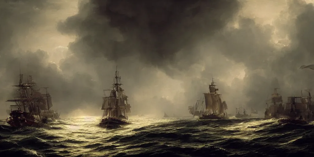 Prompt: Photorealistic,hyperdetailed hyper realistic close up shot rendering of sea battle with two galleons,dusk time,canon fire,explosions,full sails,smoke,Dark raging waters,dark stormy clouds by Greg Rutkowski,Jacques-Louis David,Beautiful dynamic dramatic very dark moody lighting,shadows,Cinematic Atmosphere,high surface and silhouette details,Octane Render,8k