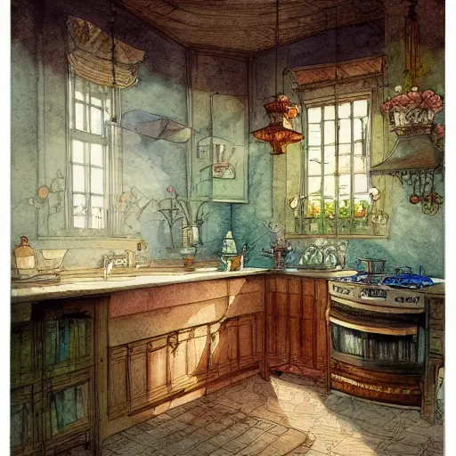 Image similar to a beautiful intricate watercolor illustration of a kitchen, flowers, leaves, 4 k, ultra - wide angle, by william turner, by victo ngai, by moebius, by gustave dore, hd, trending on artstation, hyper detailed, muted intense colors