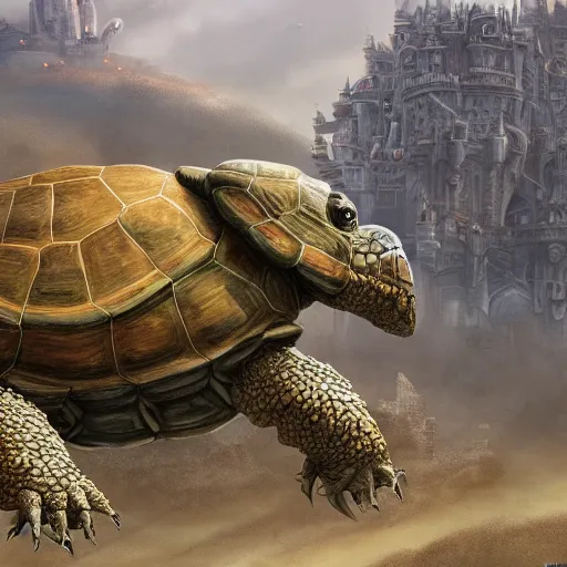 Prompt: gargantuan tortoise with a large fantasy castle armor walking through a sandy wasteland, howls moving castle, mortal engines, kaiju, distant shot birds eye view, fantasy, hyper detailed, 4 k,