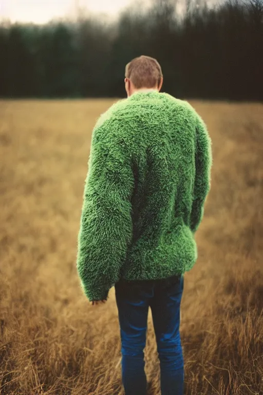 Prompt: kodak ultramax 4 0 0 photograph of a guy dressed in a furry green sweater standing in a field, back view, grain, faded effect, vintage aesthetic,