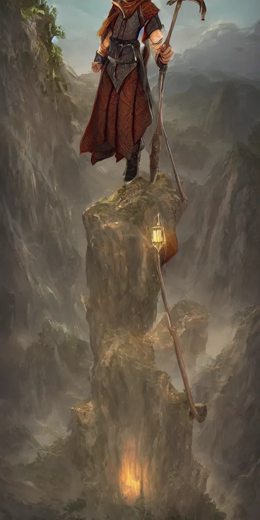 Prompt: A male wizard with a staff standing on a mountain peak over looking a kingdom, trending on artstation, digital art