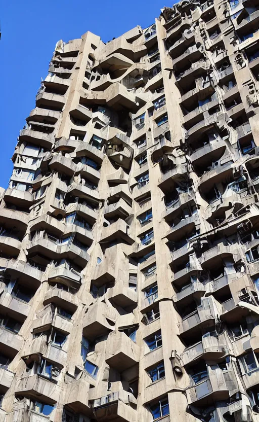 Image similar to giant monster with apartment in its chest, humans looking out from the windows embedded in the monster's chest, living apartment building, apartment building in the shape of a monster, monster made of apartment building