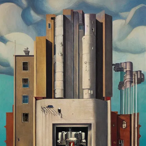 Image similar to cutaway section brutalist giant robot, people living inside, dystopian, pj crook, edward hopper, oil on canvas