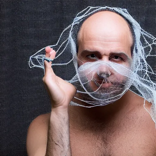 Prompt: bald man with spider net around head and face