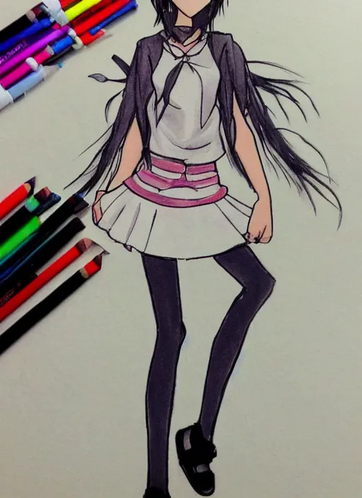 Image similar to very poorly drawn anime girl, cute outfit, posing, crayon art, very silly looking, very anime