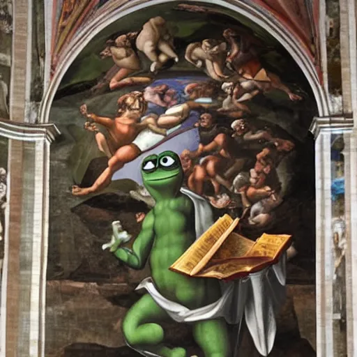 Prompt: pepe the frog in the sistine chapel fresco