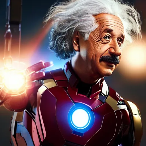 Image similar to albert einstein as tony stark in ironman, cinematic lighting, dramatic, octane render, long lens, shallow depth of field, bokeh, anamorphic lens flare, 8 k, hyper detailed, 3 5 mm film grain