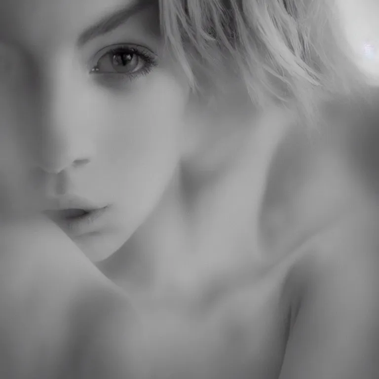 Image similar to cute annie leonhart in a white room, beautiful face, pale skin, rule of thirds, cinematic lighting, rainy weather, melancholy atmosphere, sharp focus, backlit, stunning, model agency, smooth, hard focus, full body shot, instagram photo, shot on iphone 1 3 pro max, hyper realistic,