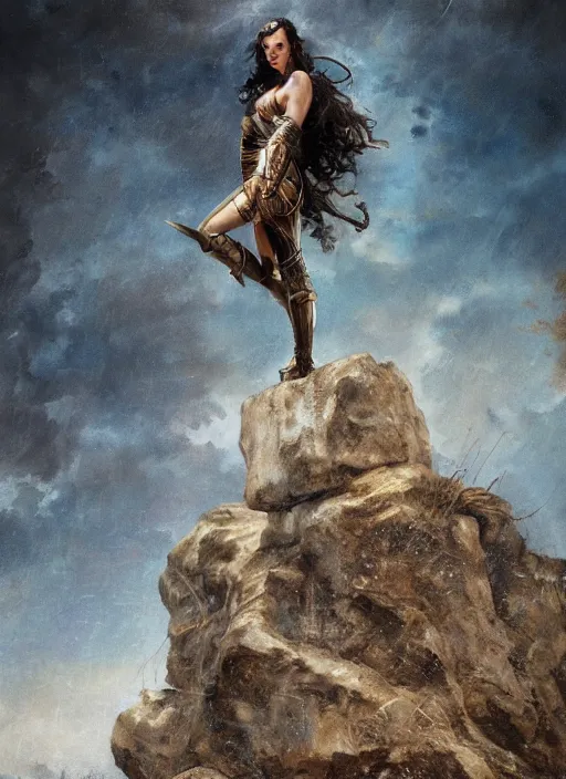 Image similar to highly detailed steampunk gal gadot standing on a boulder : leonardo da vinci, greg rutkowski, magali villeneuve