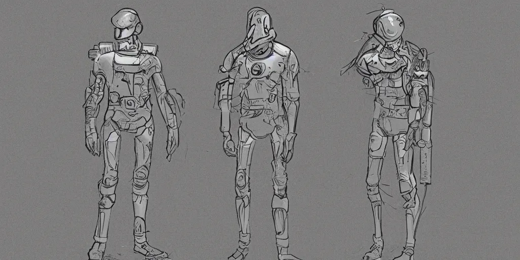 Image similar to male, fully body, elongated figure, science fiction space suit with a helmet, large shoulders, short torso, long thin legs, tiny feet, character sheet, funko, digital sketch, hyperdetailed, dieselpunk, stylized character design, concept design, in the style of mike mignola