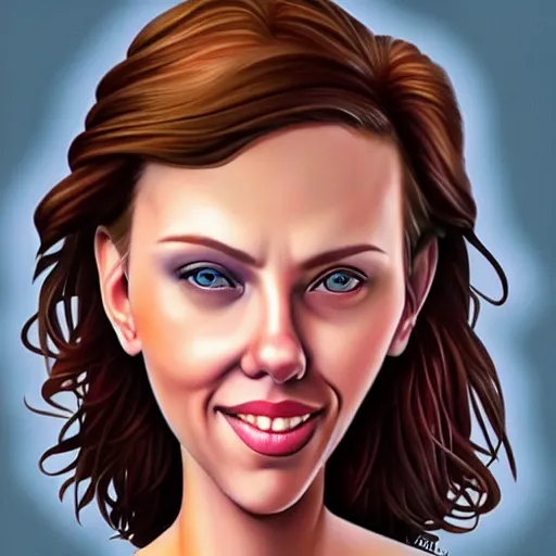 Image similar to funny caricature painting of scarlett johansson, closeup of face, drawing by mahesh nambiar, archille superbi, carola rubio, artstation