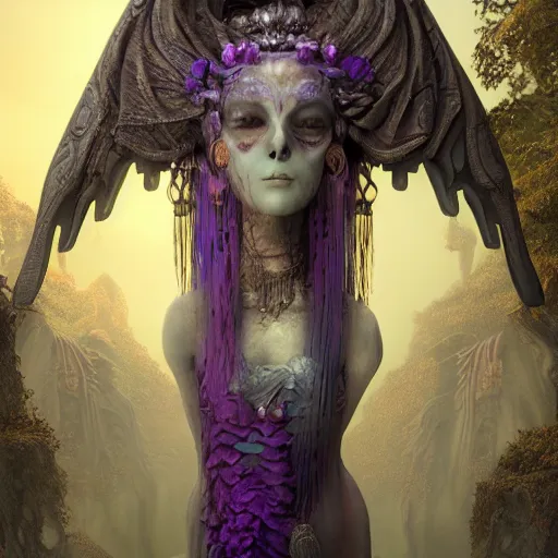 Prompt: a beautiful detailed 3d matte painting of female goddess of the dead, ominous, magical realism, texture, intricate, purple torn fabric, radiant colors, fantasy, trending on artstation, volumetric lighting, micro details, 3d sculpture, ray tracing