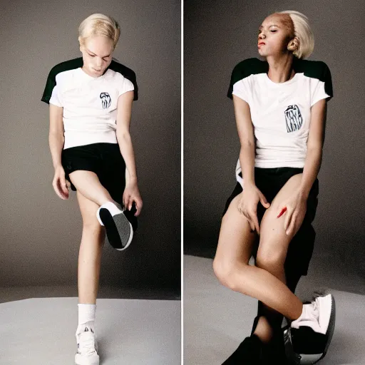 Image similar to realistic photoshooting for a new adidas lookbook, color film photography, portrait of a beautiful blonde woman, in style of Nadine Ijewere, 35mm, film photo