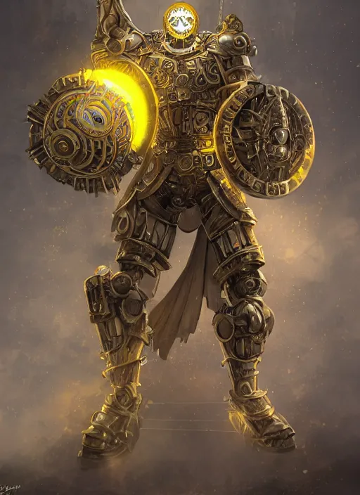 Image similar to full body, attack position abstract portrait of a intricate ornate holy mechanical warforged with circular glowing eye, character in yellow armor holding a legendary paladin engraved great longsword with a metal blade drawn and carrying a huge heavy paladin shield, vertically flat head, face in focus, epic , trending on ArtStation, masterpiece, cinematic lighting, by Ross Tran and by Greg Rutkowski