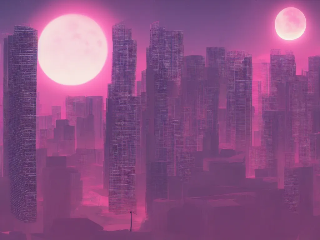 Prompt: vaporwave skyscraper under a blood moon, 4k desktop background, HD photography, artstation, cgsociety