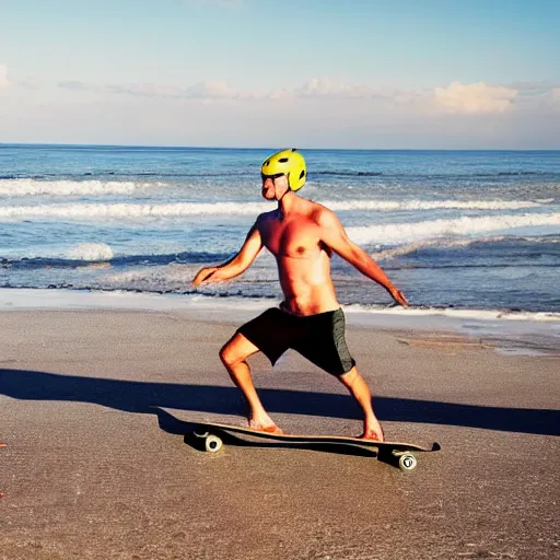 Prompt: man skateboards on a hot dog on a beautiful sunny beach, award winning photo of the year