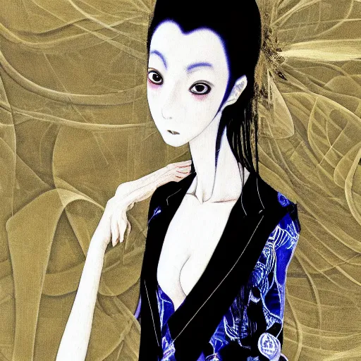 Image similar to yoshitaka amano blurred and dreamy realistic illustration of a woman with black eyes and white hair wearing dress suit with tie, junji ito abstract patterns in the background, satoshi kon anime, noisy film grain effect, highly detailed, renaissance oil painting, weird portrait angle, blurred lost edges, three quarter view