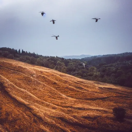 Image similar to a dreamlike landscape where all the hills are made of chicken skin and they have those little bumps and look kind of damp. Above the landscape flies SOMETHING.