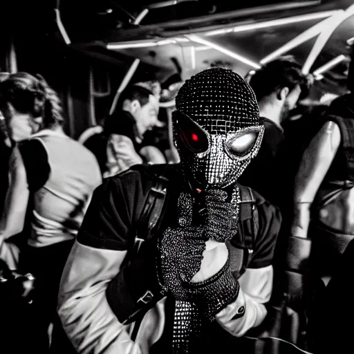 Prompt: photograph of a provocative techwear packed busy rundown nightclub, lots of people, non-binary people dancing, variety of sharp sparkly creepy masks, harnesses and garters, retrofuturism, brutalism, cyberpunk, sigma 85mm f/1.4, 15mm, 35mm, tilted frame, long exposure, 4k, high resolution, 4k, 8k, hd, wide angle lens, highly detailed, full color, harsh light and shadow, intoxicatingly blurry