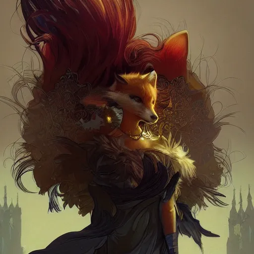 Image similar to a fantasy caricature fox, fantasy, portrait, sharp focus, intricate, elegant, digital painting, artstation, matte, highly detailed, concept art, illustration, ambient lighting, art by ilya kuvshinov, artgerm, alphonse mucha, and greg rutkowski