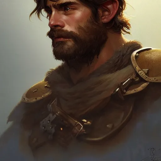 Image similar to portrait of a young rugged ranger, muscular, upper body, hairy thighs, D&D, fantasy, intricate, cinematic lighting, highly detailed, digital painting, artstation, concept art, smooth, sharp focus, illustration, art by Artgerm and Greg Rutkowski and Alphonse Mucha