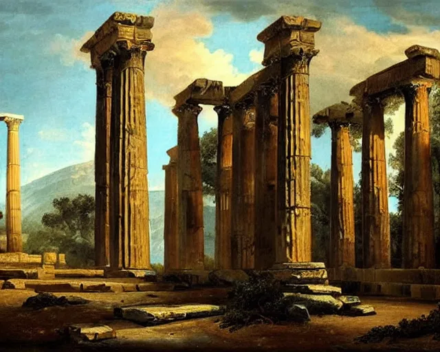 Prompt: ruins of ancient greek temple to zeus by hubert robert,