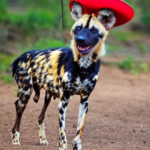 Image similar to A photo of the world's greatest showman: the african wild dog dressed in a hat!