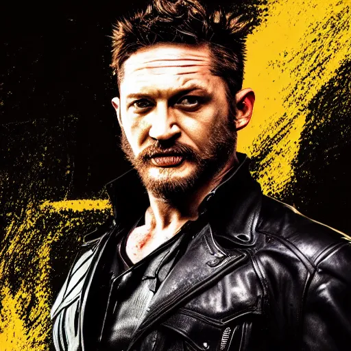 Image similar to Tom Hardy as wolverine in Black Damaged leather suit Digital art 4K quality