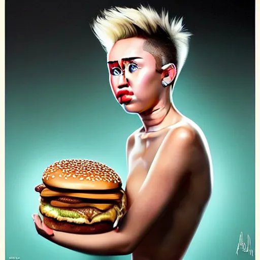 Prompt: Miley Cyrus eating a mcdonald's big mac hamburger, dripping BBQ Sauce, serving burgers, intricate, elegant, feminine ethereal, sacred geometry, fractal french fries, magical mystical, highly detailed, digital painting, artstation, concept art, matte, sharp focus, hyperreal, art by Artgerm and Greg Rutkowski and Alphonse Mucha