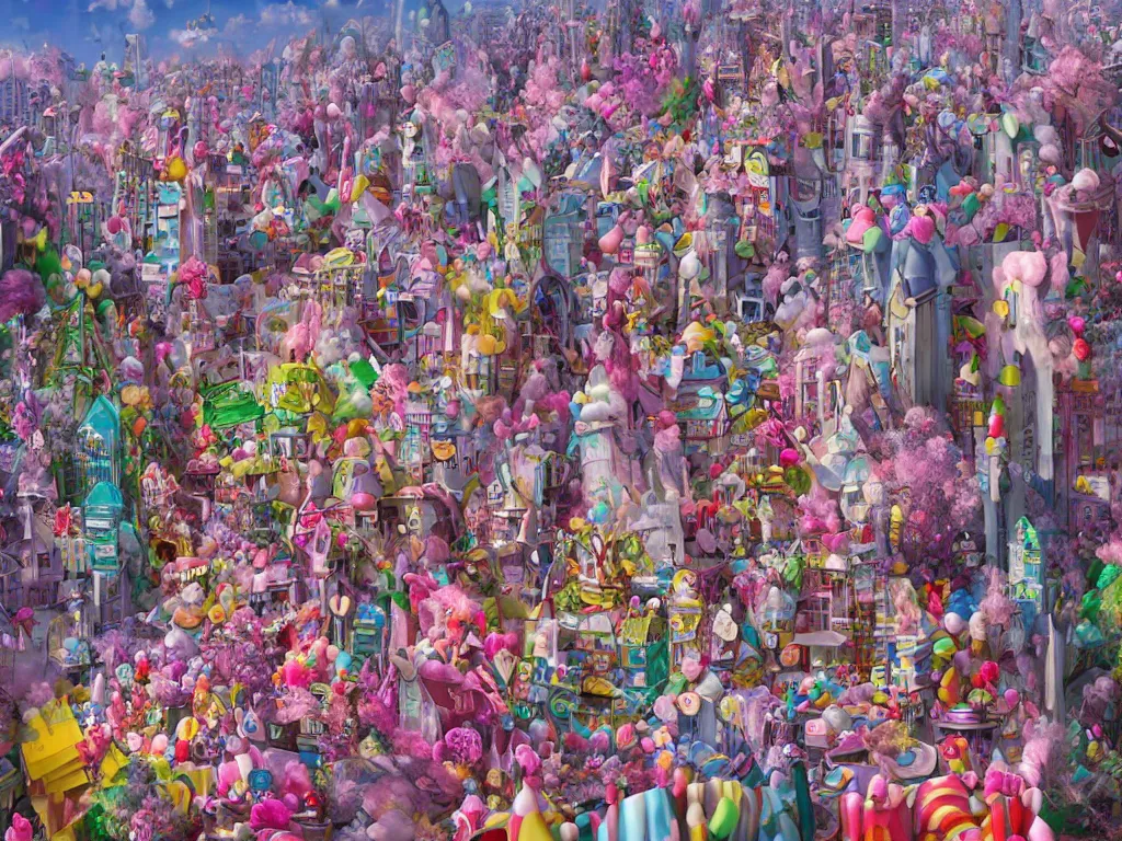 Prompt: an urban landscape where the buildings are made of candies, cotton candy, marshmallow and sweets, david lachapelle, alice in wonderland, trending on artstation,