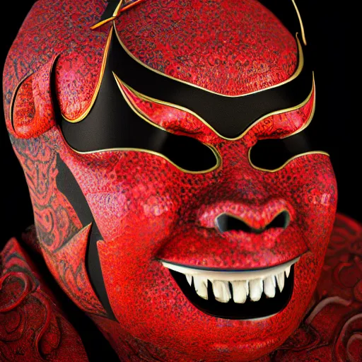 Image similar to a black hannya (般若) mask, kintsugi, dramatic angle, ornate, details, smooth, sharp focus, illustration, realistic, cinematic, artstation, award winning, rgb , unreal engine, octane render, cinematic light, macro, depth of field, blur, red light, 8K,