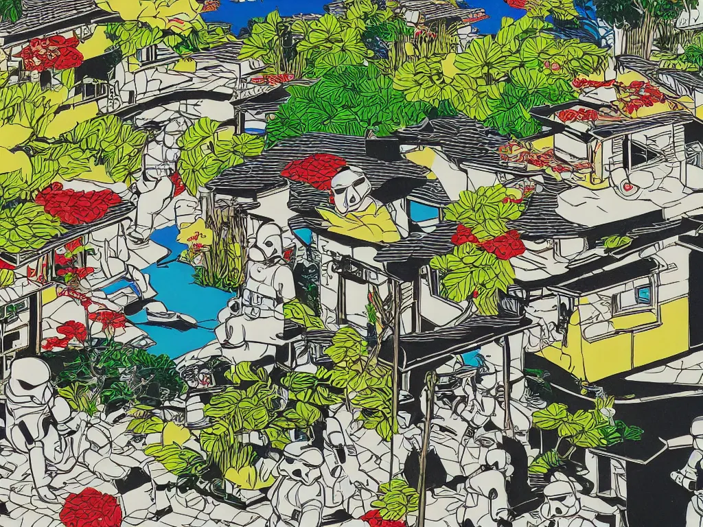 Prompt: detailed close - up image of the japanese home with a garden and a pond, 2 stormtroopers sitting around it, pop - art style, jacky tsai style, andy warhol style, roy lichtenstein style, rich palette, acrylic on canvas