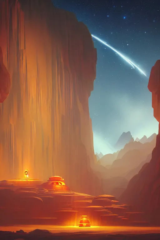 Image similar to big tibetan temple glowing orange in canyon, lightstreaks and planets in the sky, dramatic lighting, artstation, matte painting, ralph mcquarrie, simon stalenhag