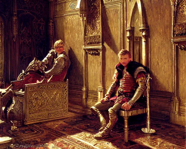 Image similar to attractive arthur pendragon, posing in the throne room of camelot highly detailed painting by gaston bussiere, craig mullins, j. c. leyendecker