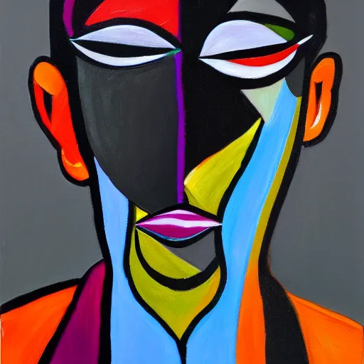 Prompt: Abstract Oil Painting of a Colorful Androgynous Face and Torso, the head is centered on a black and gray background, the paint is expressive and thickly applied. Museum Quality