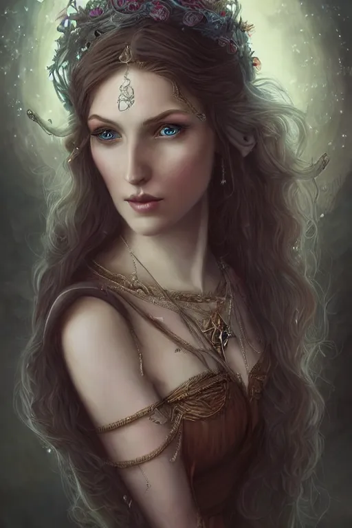 Image similar to portrait of beautiful elvish goddess , 8k, highly detailed, sharp, realistic, in style of Anna Dittmann