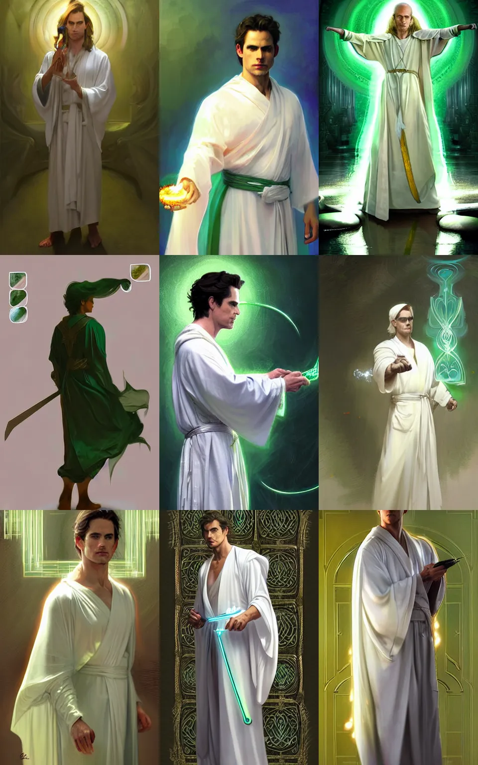 Prompt: character concept portrait of Matt Bomer as a cleric healer enchanting a light spell. Magic aura, white silk robes with elaborate green patterns, elegant. digital painting, concept art, smooth, sharp focus, illustration, from Metal Gear, by Ruan Jia and Mandy Jurgens and William-Adolphe Bouguereau, Artgerm