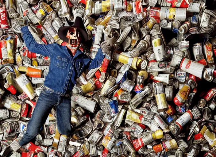 Prompt: an enraged cowboy skeleton man screaming into a microphone while kicking over piles of soda cans in a rundown radio station studio