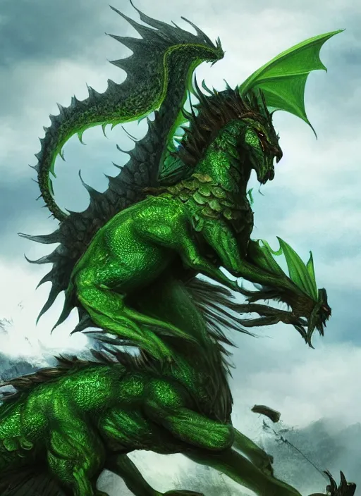 Prompt: Real life depiction of a Green dragon on horseback, Slavic heroic, epic and possibly Proto-Slavic mythology, full body, detailed and realistic, 4k, artstation, octane renderer