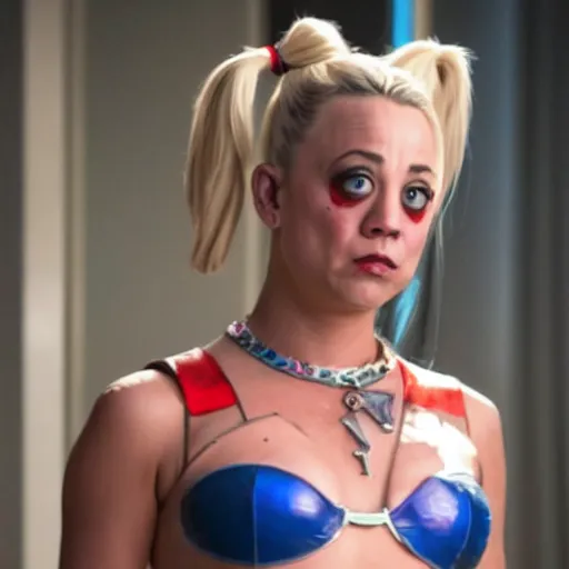 Prompt: A still of Kaley Cuoco portraying Harley Quinn